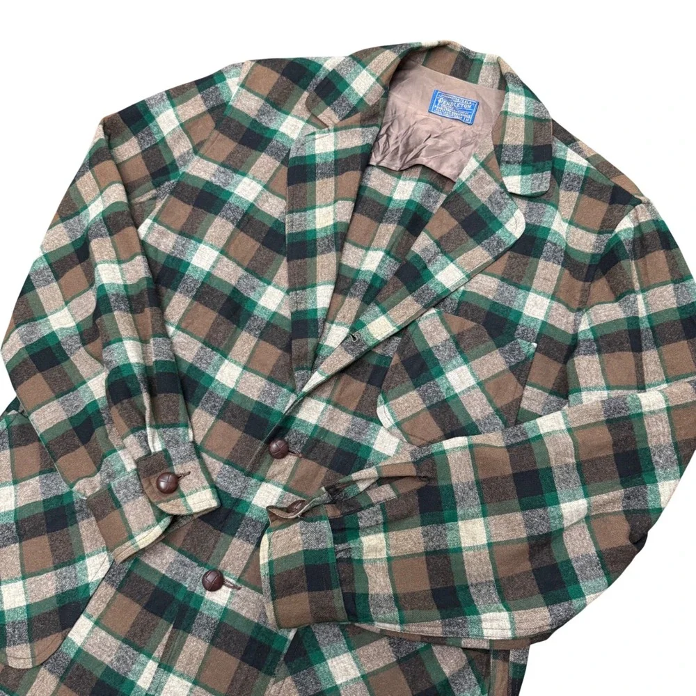 Pendleton Wool Blazer Mens Medium Green Brown Plaid Vintage 100% Virgin Wool